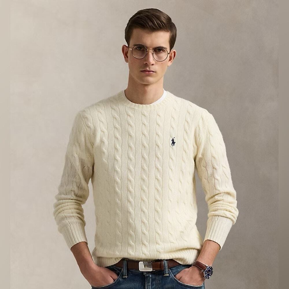 Men's Polo Ralph Lauren Cashmere Wool Cable Knit Crewneck Sweater, Small, Ivory